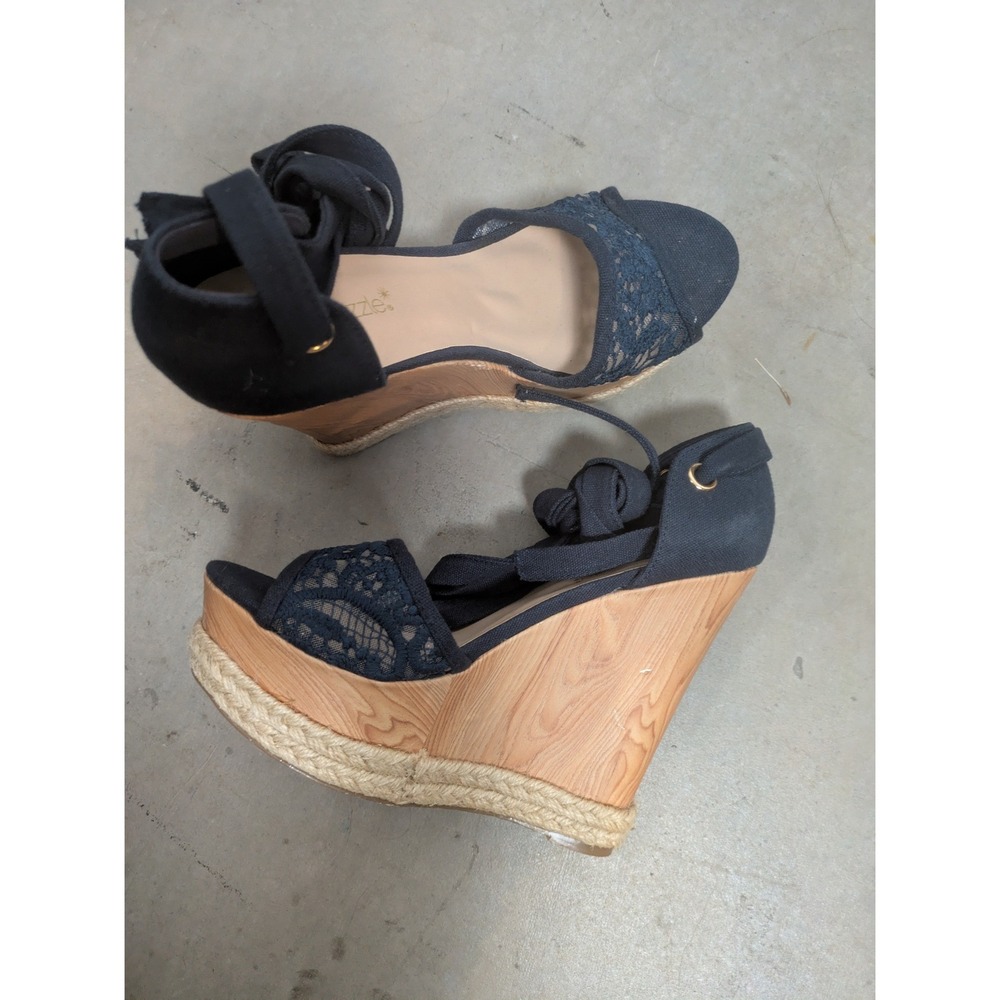 ShoeDazzle Wedge Sandals Women 7.5 Navy Blue Lace Up Espadrille Heel